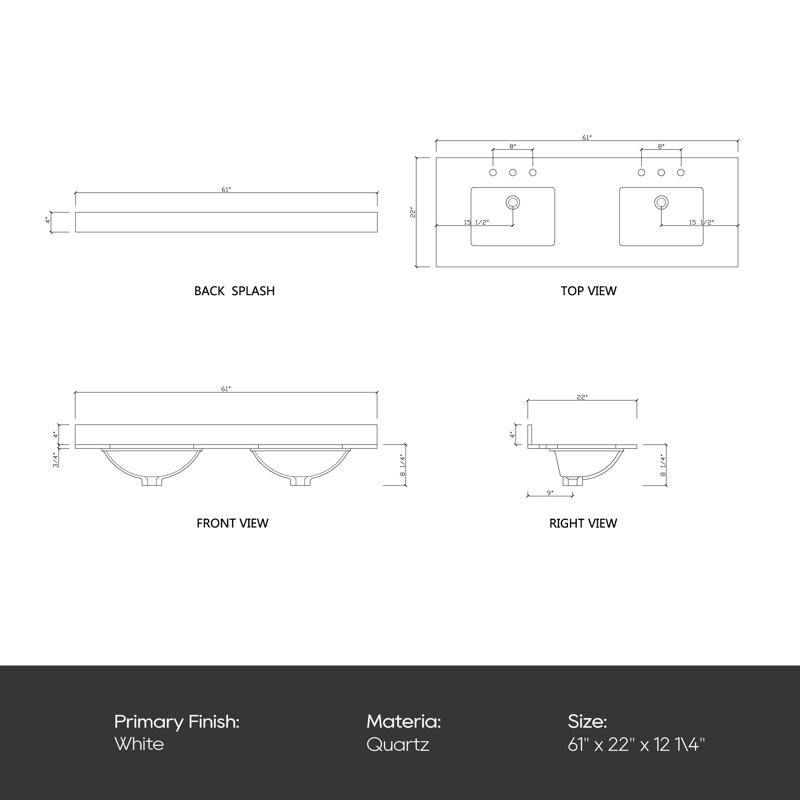 Bianco Bella 61'' White Quartz Double Undermount Sink Vanity Top