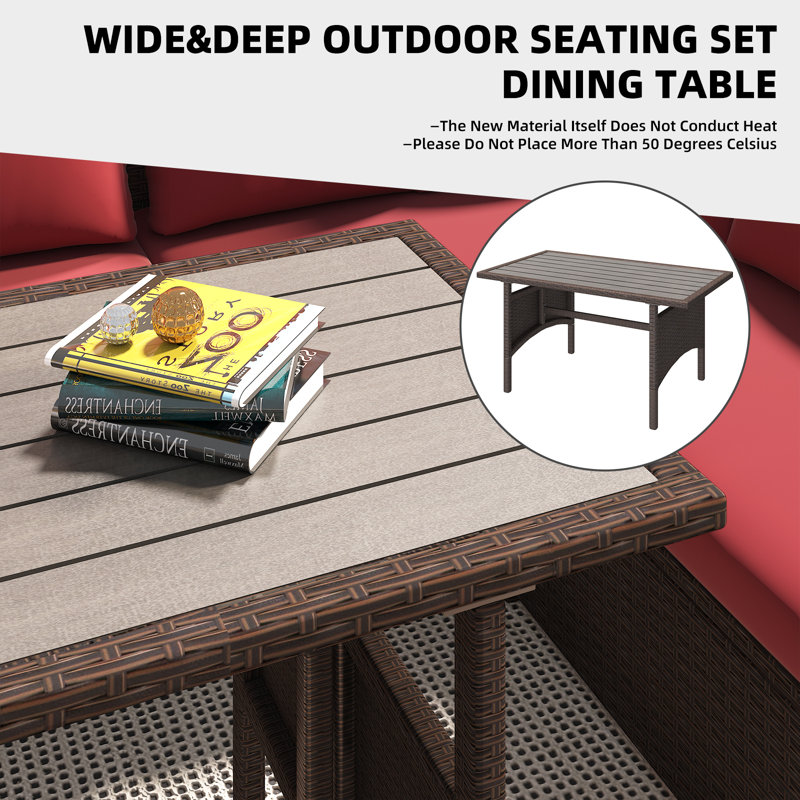 7 Pieces Patio Sectional  Furniture Set With Waterproof Cover, Red Cushion/Brown Frame