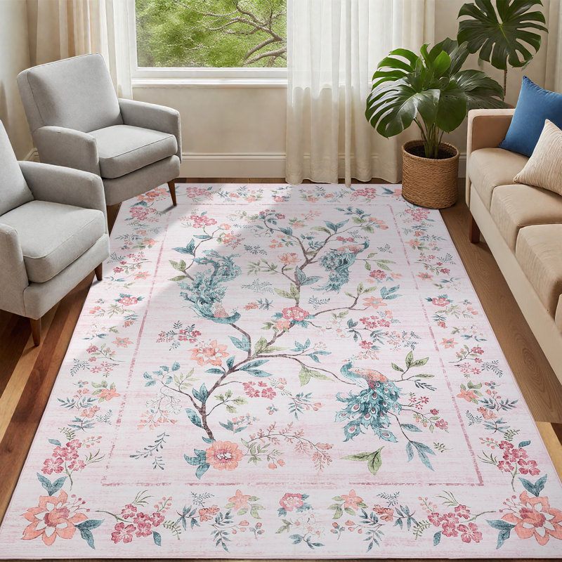 Washable Floral Rug Non-Slip Modern Farmhouse Living Room Carpet, Non-Shedding Low Pile Floor Mats, Foldable Print Accent Indoor Rug for Bedroom, Playroom, Nursery