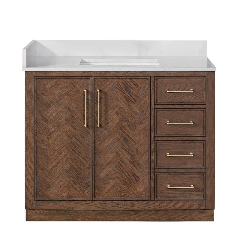Meuble-lavabo simple 42 po avec plateau en pierre de quartz blanc Jakarta, Chêne brun foncé vieilli, Or brossé