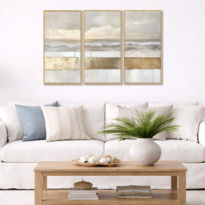 Ocean Canvas Decor, Abstract Wave Wall Art - Deshaun 3 Piece Framed Canvas Wall Art Set Modern Home Decor