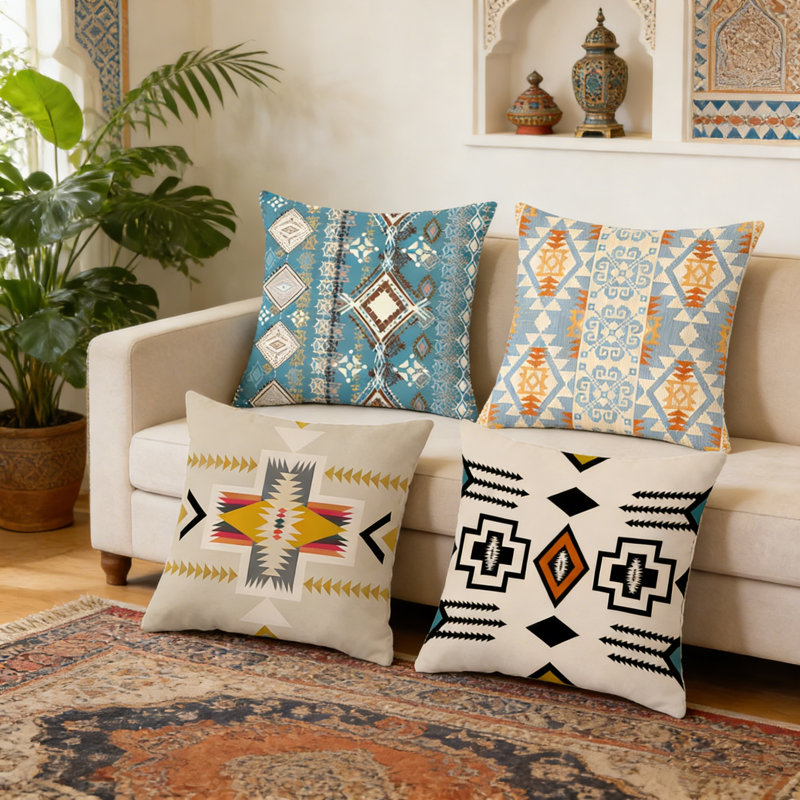 Ensemble de 4 taies d'oreiller épaisses de style bohème pour lit double, housse de coussin décorative de canapé de style marocain, 45 x 45 cm / 17,7 x 17,7 pouces. B2