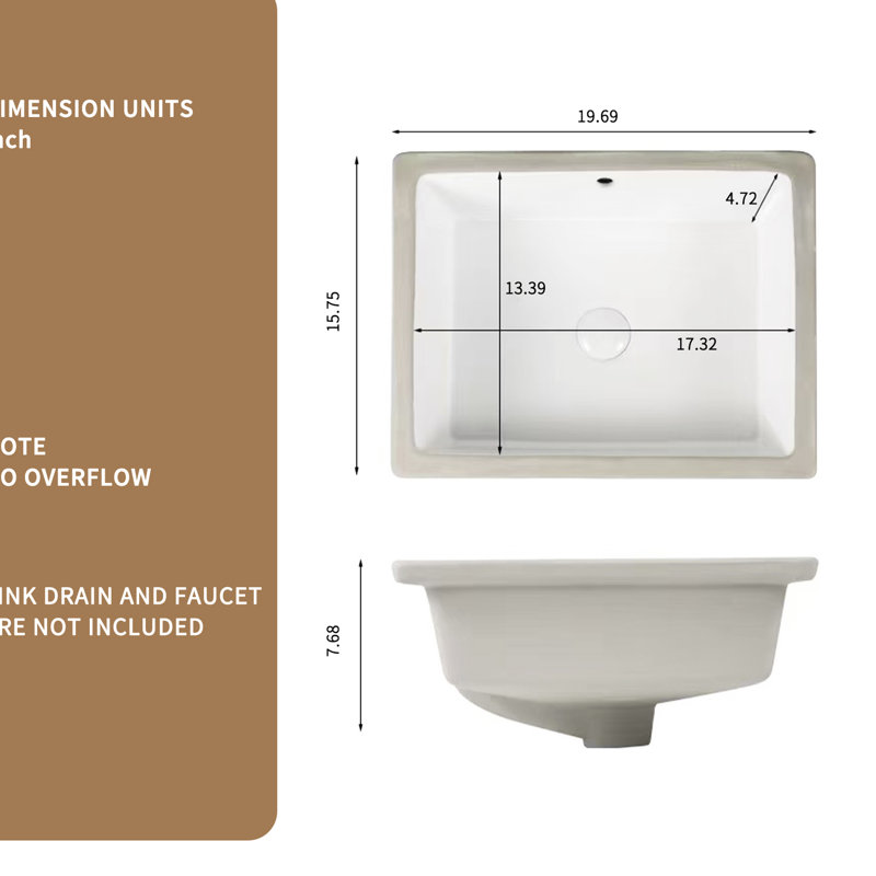 Lavabo de salle de bain rectangulaire encastré en céramique blanche, encastré, 19,55 po de profondeur, cuve à lait de 7,72 po sans jaunissement, finition lisse, largeur de 15,93 po, poids de 19,06 lb