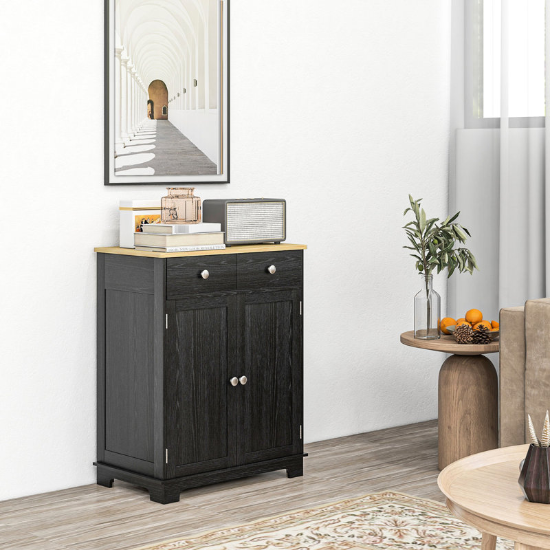 Buffet avec comptoir et portes en bois massif - noir vieilli, 2 tiroirs, tablette réglable pour le rangement de la cuisine en comptoir noir, portes, utilisation