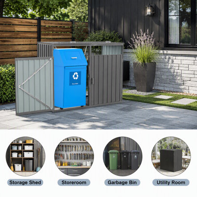 La remise à poubelle contient 2 poubelles en métal pour le rangement des ordures, acier inoxydable galvanisé, remise pour poubelle de jardin, gris