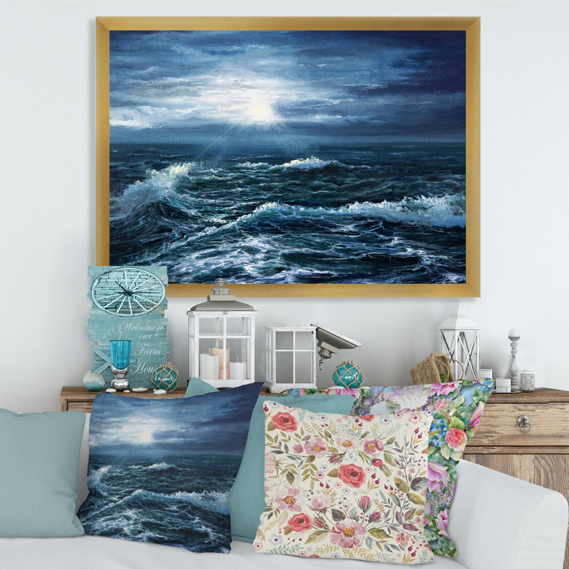 Soleil à travers les vagues de l'océan - Peinture sur toile, H 24 po x l 32 po x P 1 po, Encadrement doré