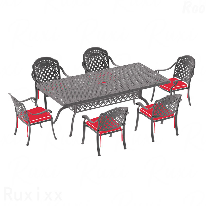 Ensemble de 7 pièces de mobilier de patio en aluminium coulé avec coussins rouges