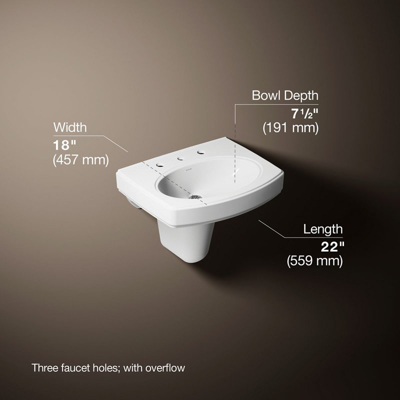 Pinoir® Vitreous China U-Shaped Semi-Pedestal Bathroom Sink with Overflow, White, 8" Centers