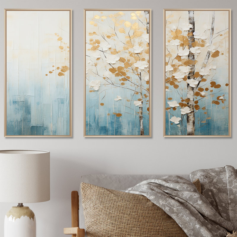 Minimalisme bleu et or forêt I - ensemble d'art mural sur toile forêt, H 32 po x l 48 po x P 1 po, Cadre flottant érable