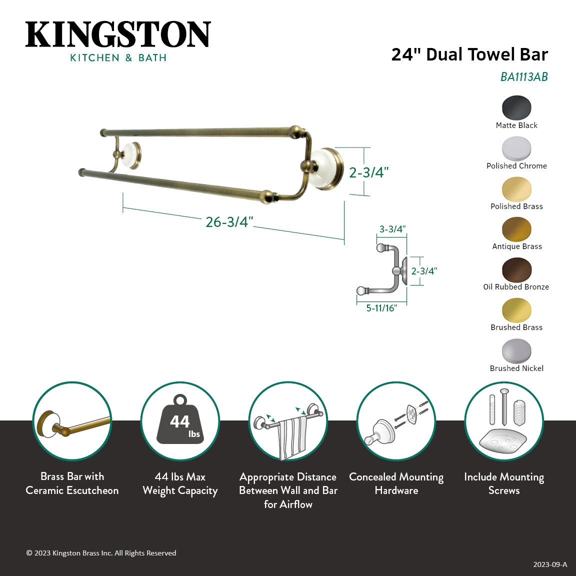 Victorian 24" Dual Towel Bar, Antique Brass