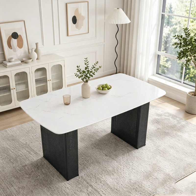 Table de salle à manger rectangulaire moderne en verre trempé avec motif en marbre, Noir