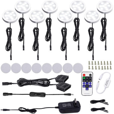 Black LED Under Cabinet Lighting Set of 8 – 12V DC Low Profile Aluminum Puck Lights with RF Wireless Remote Control, Dimmable, 6000K Daylight White, for Counter Closet Furniture Shelf