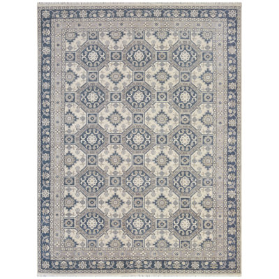 Tapis noué à la main de haute qualité en gris / bleu / ivoire