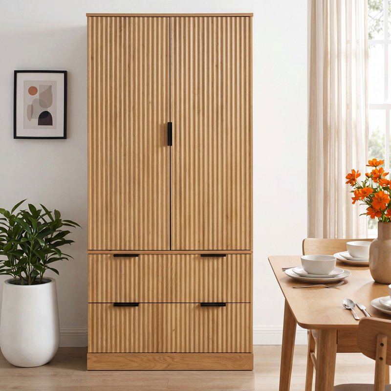 Armoire de rangement autoportante 72 po H avec tablettes réglables et 2 grands tiroirs, Naturel