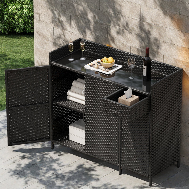 Outdoor Rattan Storage Cabinet, 2-Door Wicker Sideboard, Storage Organizer For Poolside, Black