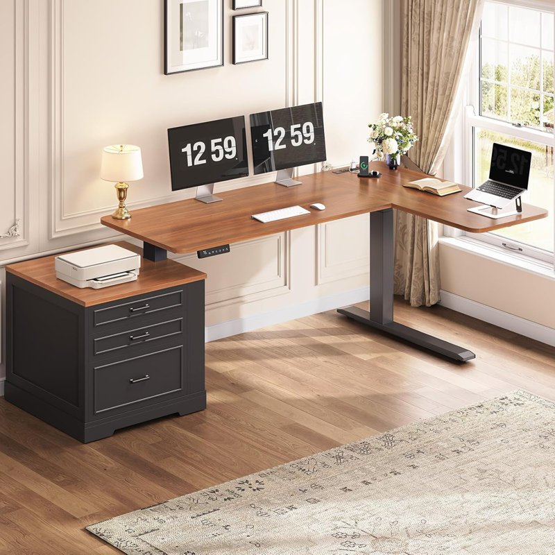 Farmhouse L Shaped Electric Standing Desk, Brown, Black