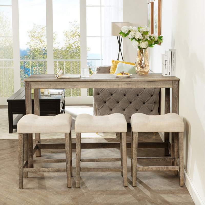 4 Piece Bar Table Set with Power Outlet,Bar Table Set with Chairs,Sofa Bar Table with Stools,Behind Couch Table with 3 Padded Stools,for Living Room,Dining room