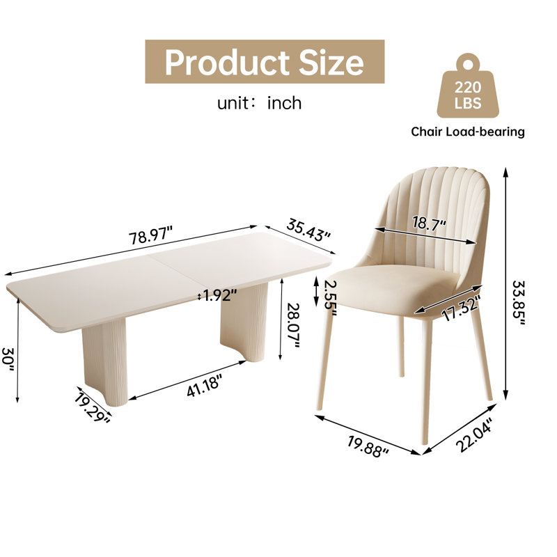 78.97" Modern Rectangle Cream White Dining Table Set with 6 Chairs for Kitchen, Bar, Living Room, 7 Pieces: Table, 6 Chairs