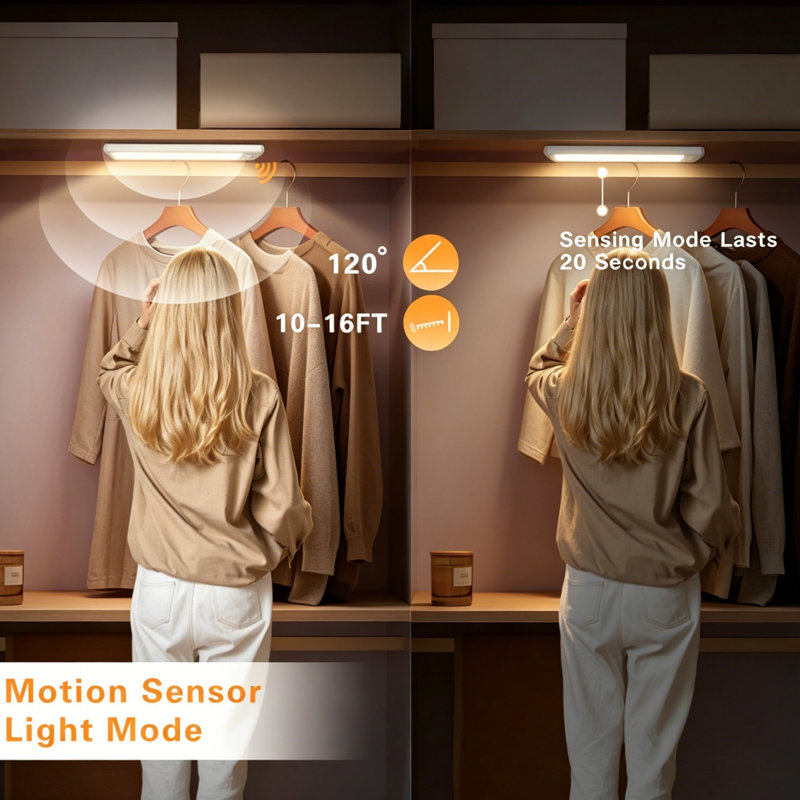 3PCS 12,56 po Capteur de mouvement sans fil rechargeable à DEL sous l'armoire 3 lumières de cuisine