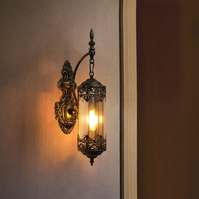 Antique Rustic Wall Sconce With Amber Glass Mini Vintage Gothic Wall Light Fixture Retro Farmhouse Mid Centry Lantern Wall Sconce , Bursh Gold, E12
