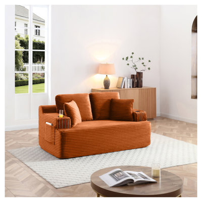 66.5" Corduroy Floor Sofa with Cup Holder, 2-Seater Boneless Couch with Side Pockets & Pillows, Orange