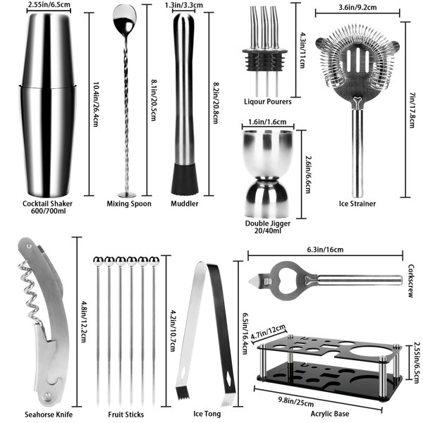 Prep & Savour Cocktail Shaker Set, 16 Piece Bartender Kit, Cocktail Shaker,  Stainless Steel Bar Set Accessories, Coktail Set, Boston Shaker, Drink  Mixer Shaker, Bartending Bar Tools With Muddler Spoon Jigger(Silver)