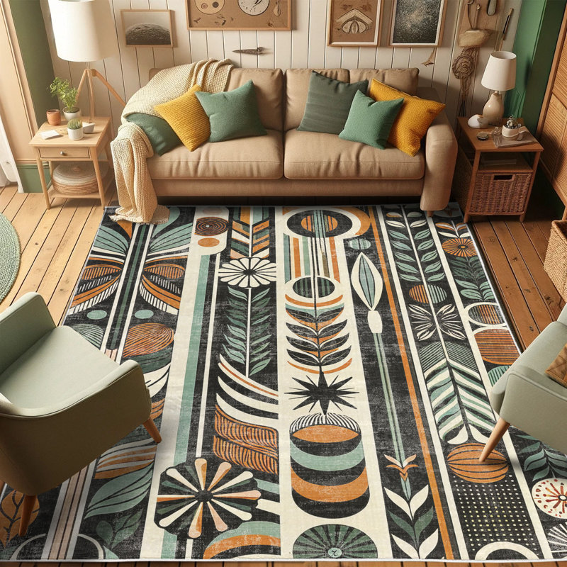 Pale Teal and Dark Orange Geometric Synthetic Area Rug 2'3" x 3'9"