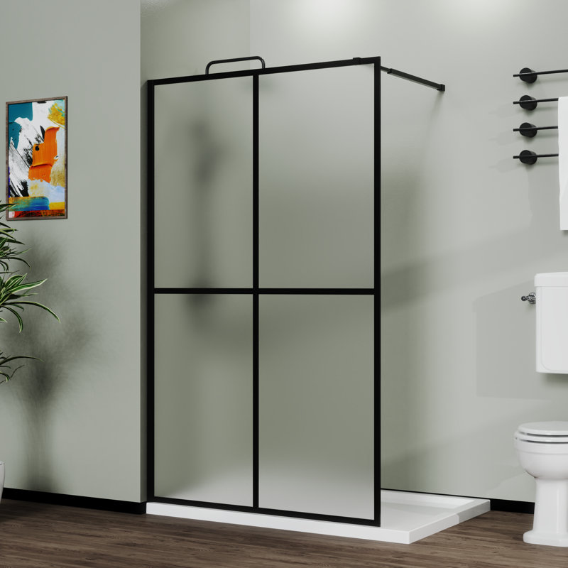 72" Frosted Tempered Glass Shower Screen Door with Black Aluminum Frame