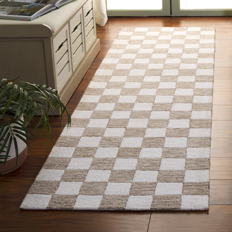 Tapis géométrique en laine / coton touffeté à la main Flita en brun / ivoire, Tapis de couloir 2 pi 3 po x 8 pi