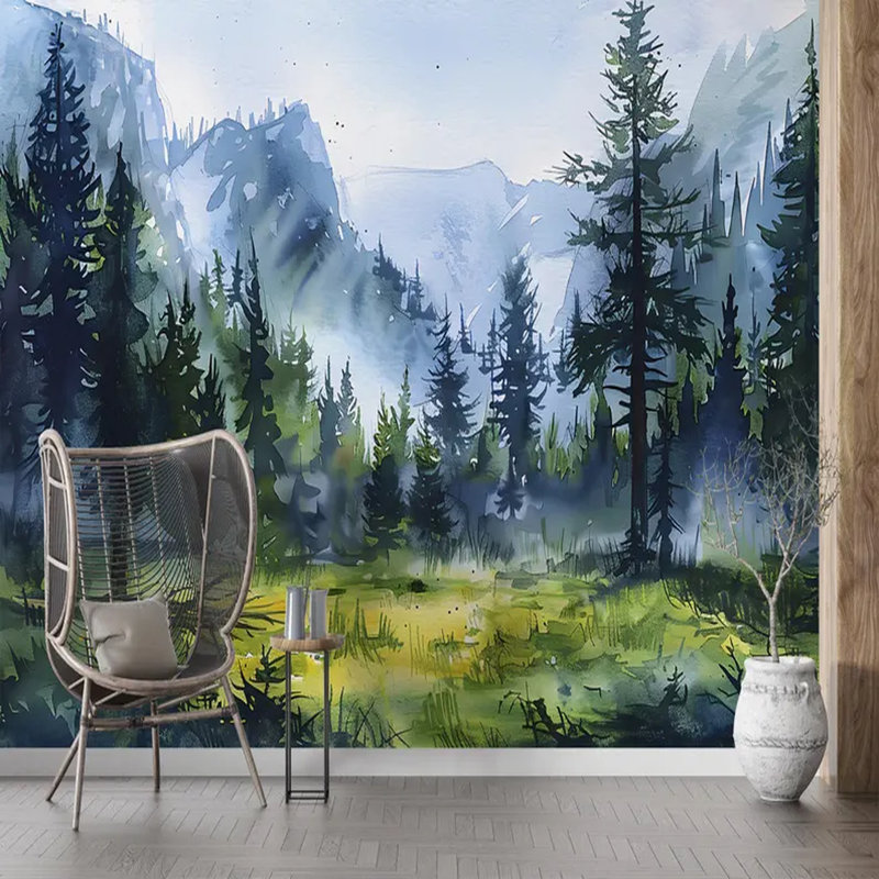 Murale aquarelle Misty Evergreen Forest, L 108 po x l 96 po