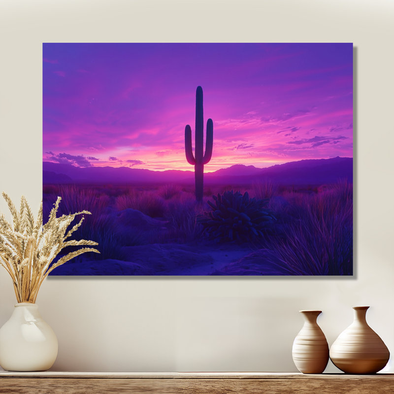Lavande cactus au crépuscule I - reproduction d'art traditionnelle en métal, décoration murale en métal cactus
