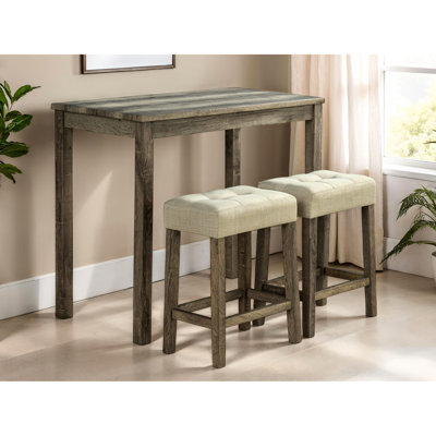 Table à manger transitionnelle 3 pièces avec table en bois d'hévéa, 2 tabourets et coussins, beige / brun, avec tabourets de 18 po en bois d'ingénierie, assise, aspect rustique