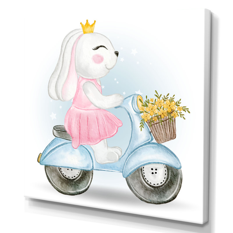 Caricature de lapin mignon chevauchant un scooter - reproduction d'art sur toile, H 30 po x l 30 po x P 1 po, Toile tendue