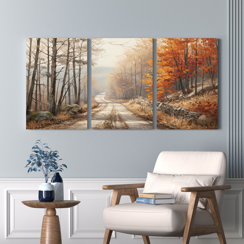 Ensemble de 3 tableaux sur toile représentant un paysage de chemin forestier d'automne, 1624