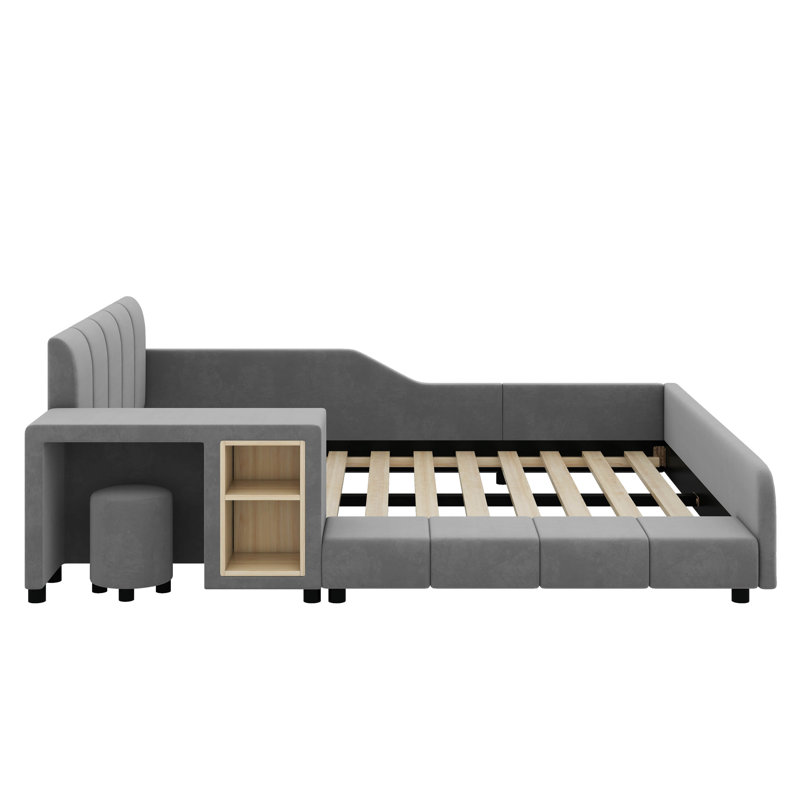 Full Size Upholstered Grounded Bed, Mother & Child Bed With Bedside Desk, Gray