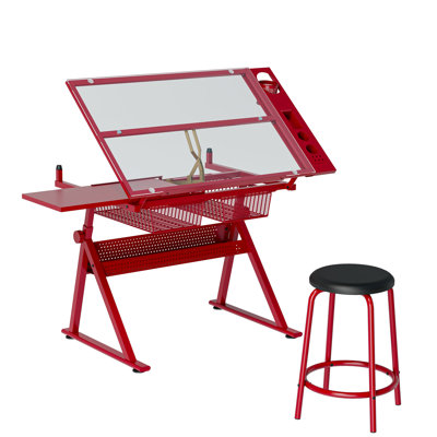 table de dessin avec chaise en verre trempé réglable rouge
