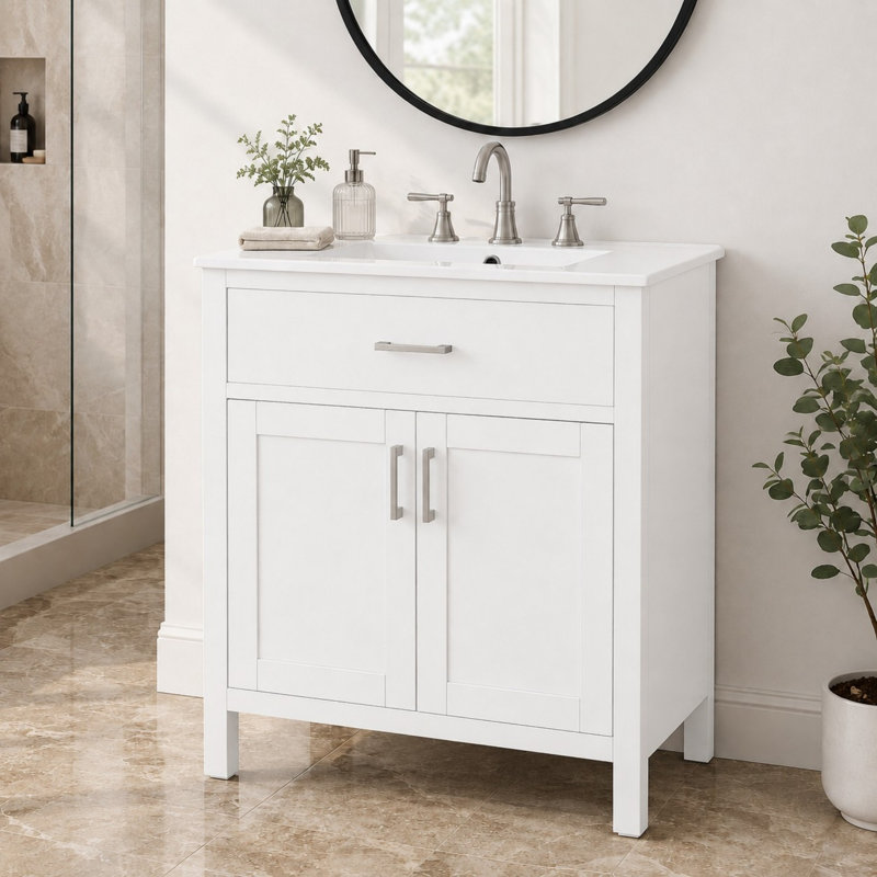Meuble-lavabo autoportant de 76 cm de large avec porte, tiroir intérieur et dessus en céramique, Blanc