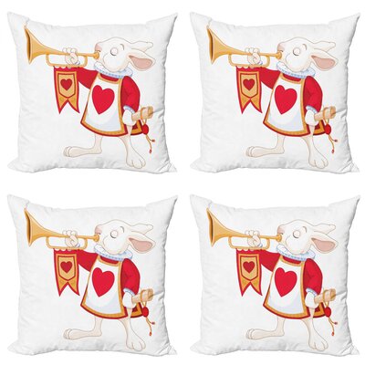 Ambesonne Alice In Wonderland Decorative Throw Pillow Case Pack Of 4, Rabbit Playing Royal Trumpet With Heart Design Animal Card Kids, Cushion Cover F -  micfour_14090_20x20