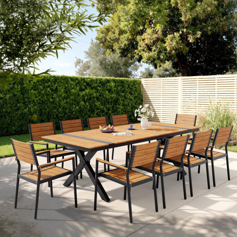 Ensemble de salle à manger de patio pour 10 personnes en aluminium l 94,5 po x P 40,5 po avec chaises empilables, Brun / Noir