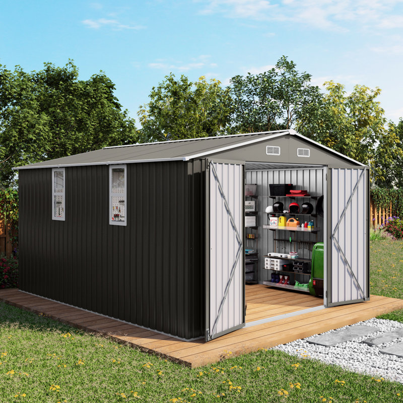 Grande remise à outils grise en métal 10 x 12 pi avec double porte et fenêtres, sécuritaire pour la neige dans le rangement extérieur près de la piscine