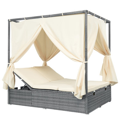 Modern Multi-Position Outdoor Sun Lounger with Canopy and Removable Cushions, All-Weather PE Rattan Patio Daybed