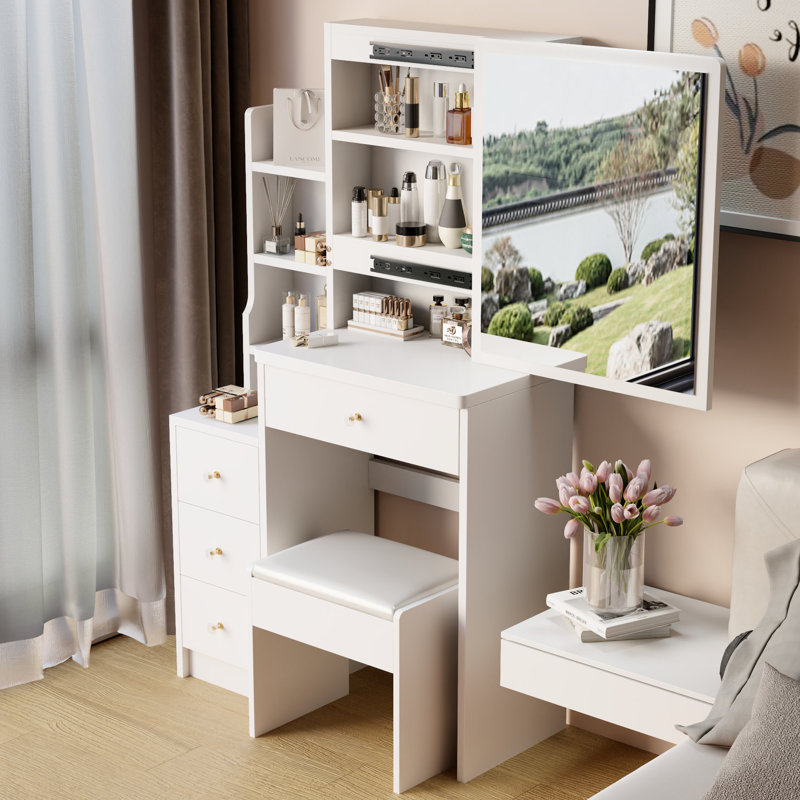 Coiffeuse blanche avec miroir coulissant extra large et tabouret pour petits espaces
