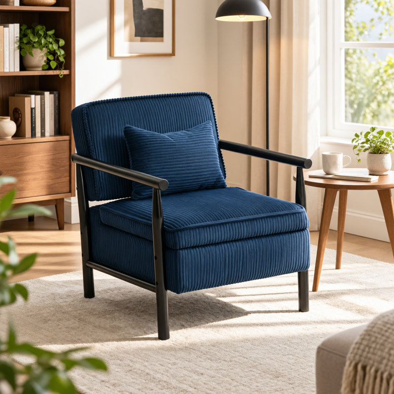Fauteuil d'appoint de rangement de style moderne du milieu du siècle, fauteuil rembourré en velours côtelé avec structure en bois massif et coussin lombaire, bleu antique