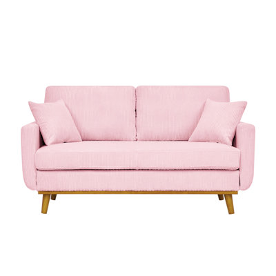 Revêtement Mid-Century 2 places rose en velours côtelé, base en bois, texture à rainures verticales et deux coussins décoratifs pour les petits espaces