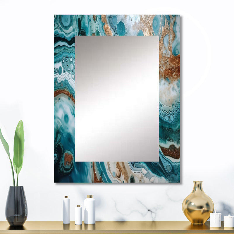 Demi-cercle bleu or IV abstrait - miroir mural en marbre, miroir décoratif moderne, impression d'art en métal, 32 po x 24 po