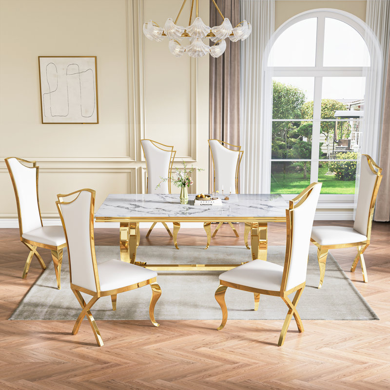 7 Pieces Luxury Kitchen Dining Table Set Of 6,70”Faux Marble Top With U-Shape Metal Base Dining Table For Kitchen, Dining Room