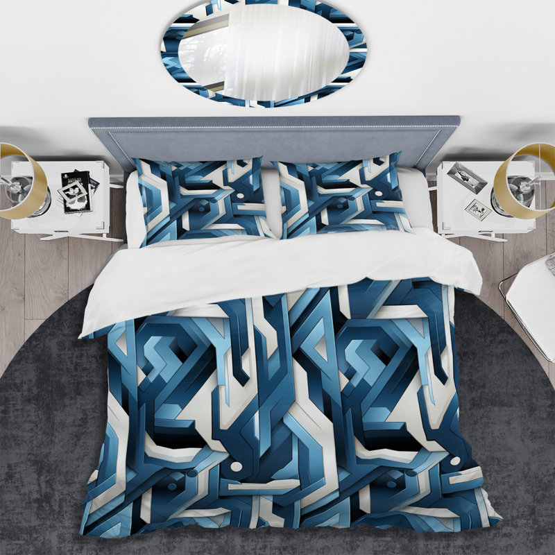 Ensemble de housse de couette à motif géométrique blanc et bleu, Housse de couette pour très grand lit et 2 très