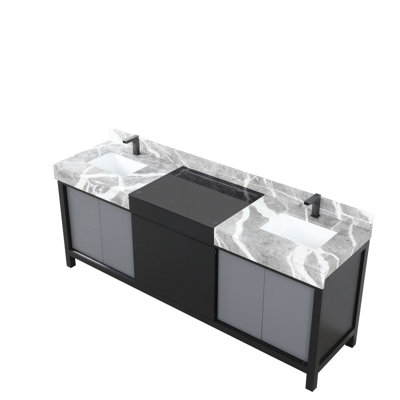 Double Bath Vanity with Castle Grey Marble Top and Gun Metal Faucet Set