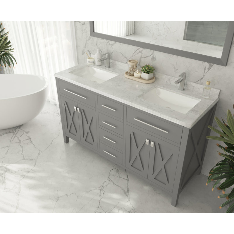 Ensemble de meuble-lavabo double 60 po Vitiello, gris, Marbre blanc
