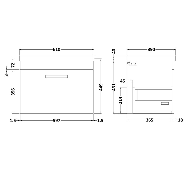 Athena 610mm Single Bathroom Vanity with Integrated Basin, Charcoal Black